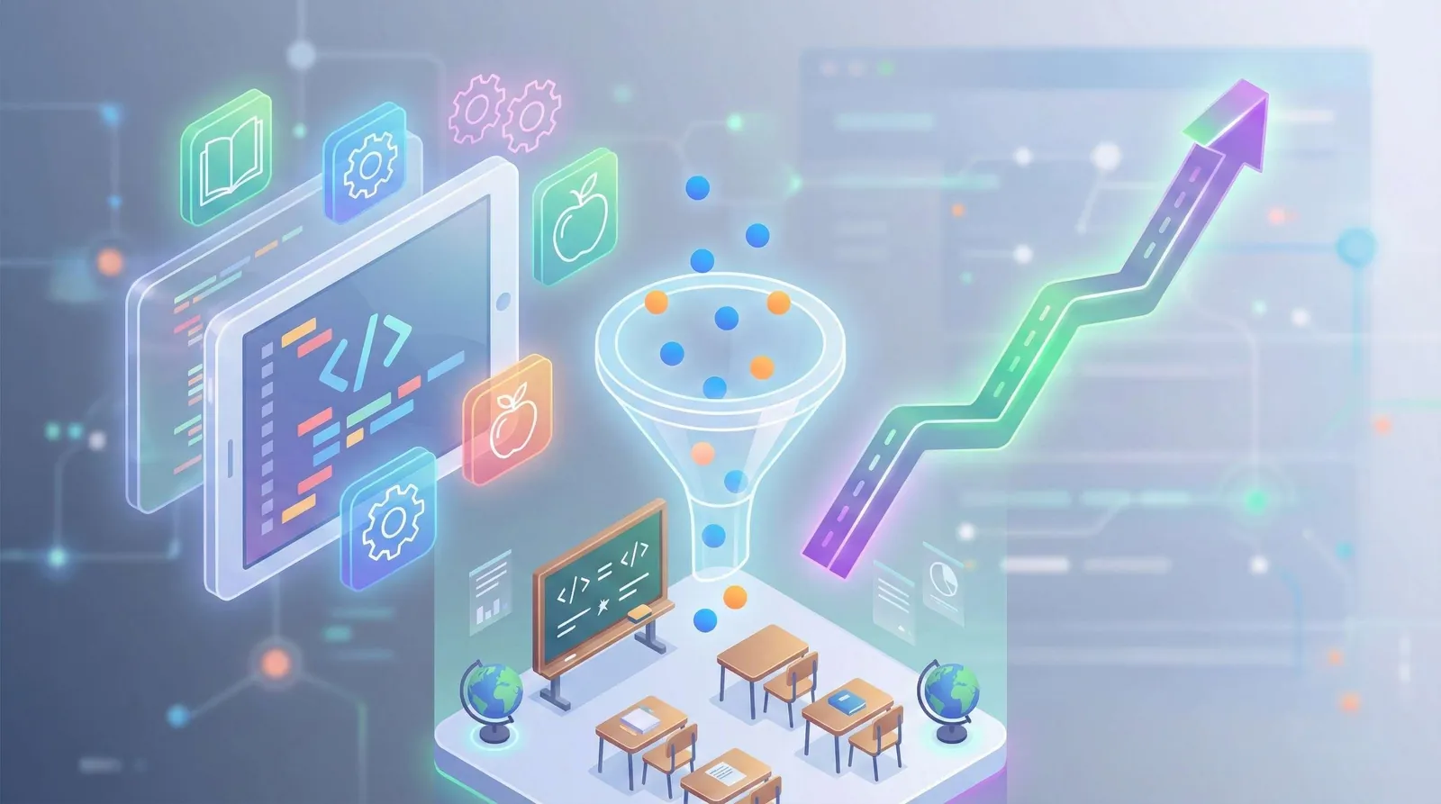 Isometric illustration of an EdTech coding platform with an upward revenue curve and a funnel efficiency motif.