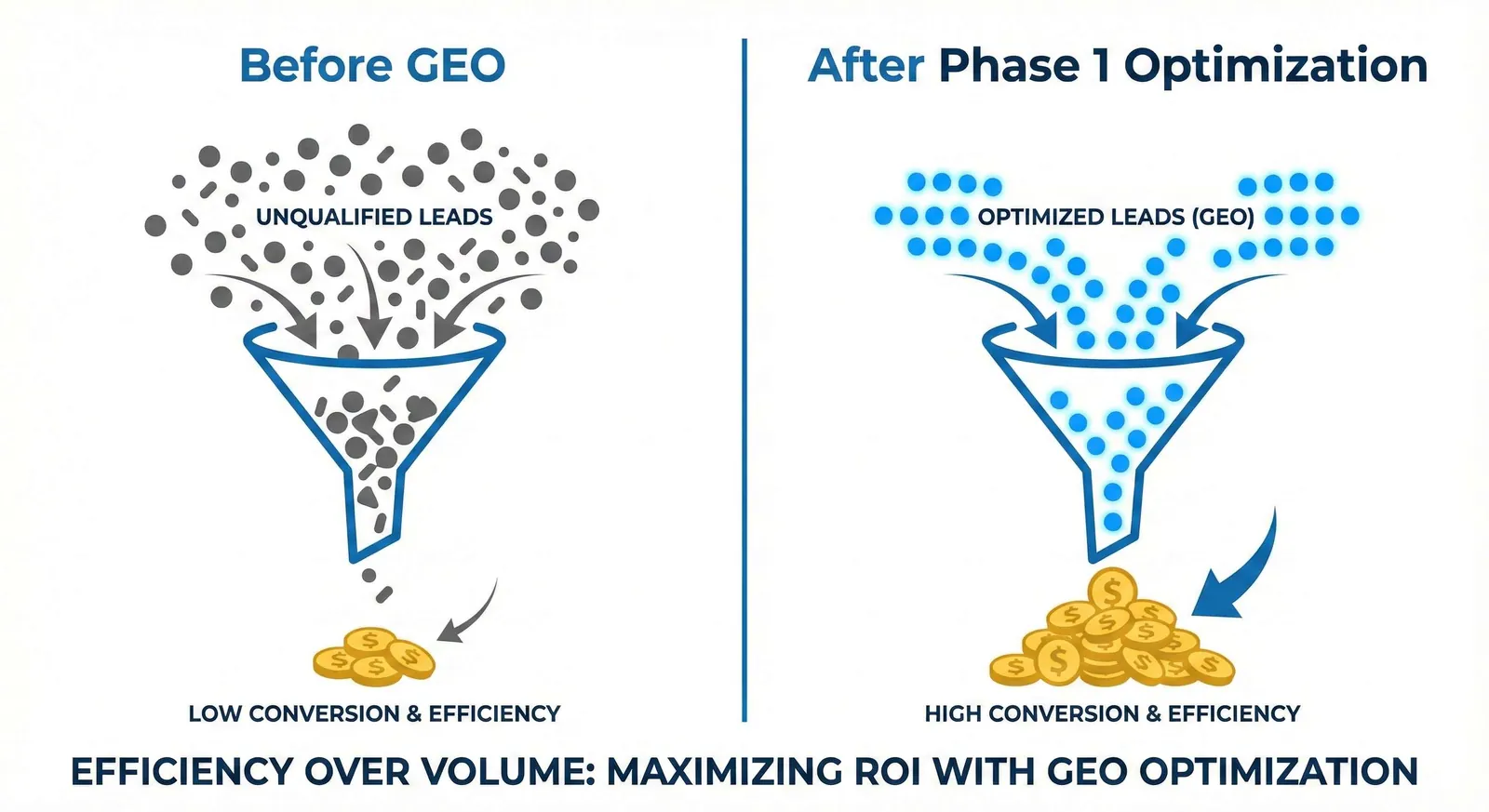 Comparison infographic showing the efficiency jump in Miao Xiao Cheng's sales funnel. Before optimization (April), high lead volume resulted in low conversions. After Phase 1 GEO (May), lead volume stabilized but signed contracts doubled from 7 to 16.