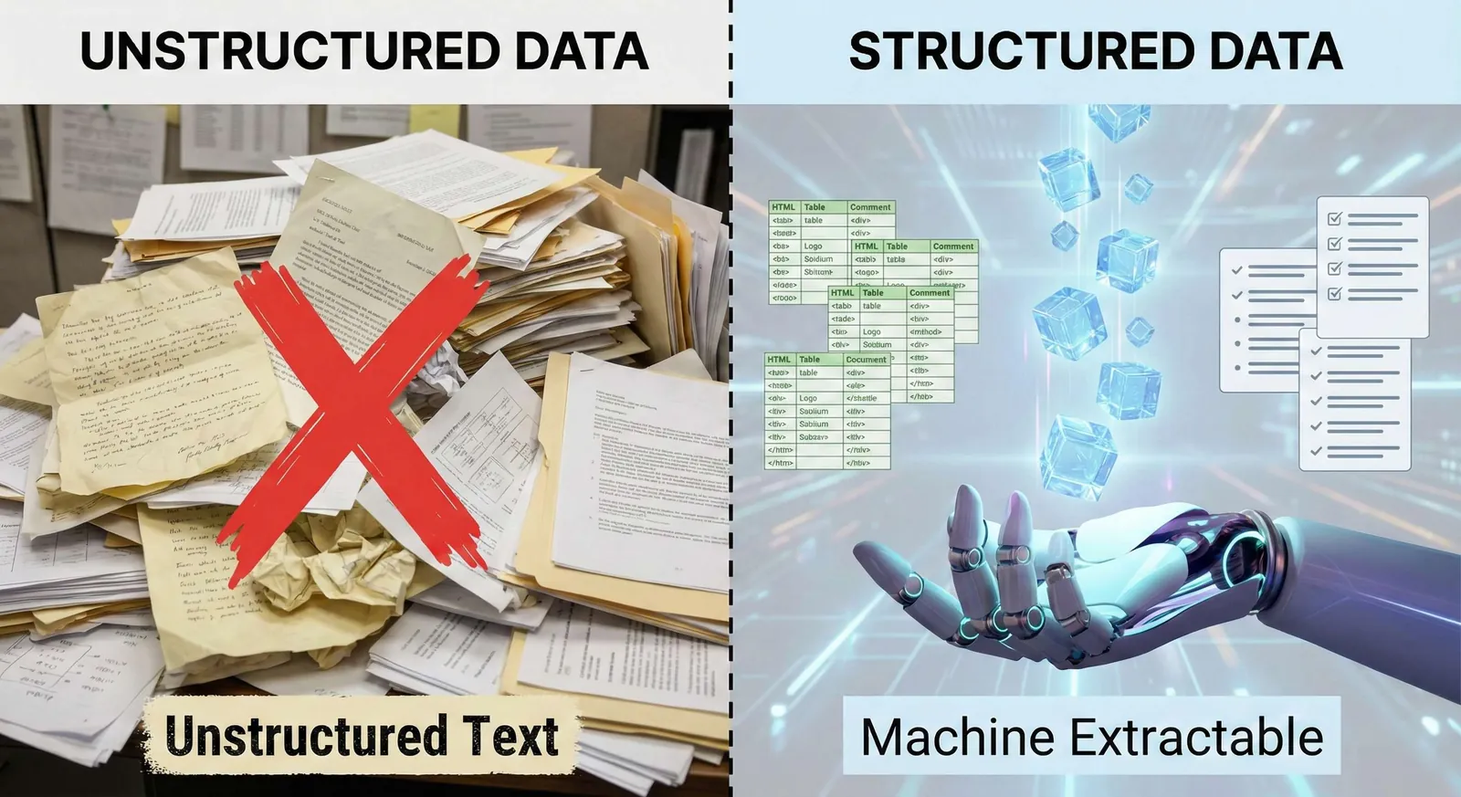 Comparison of unstructured text vs. AI-optimized structured content tables.